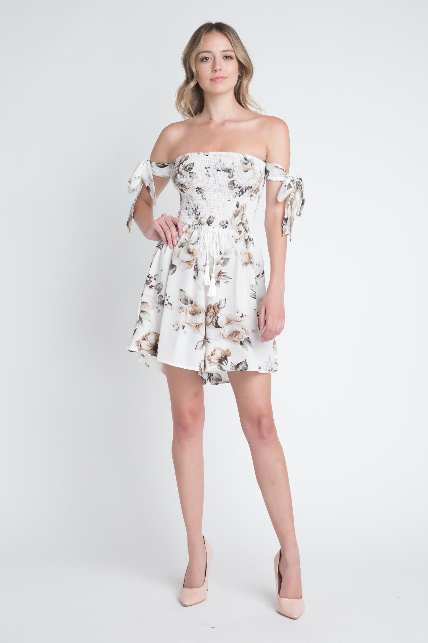 Off Shoulder Smocked Floral Tie Romper